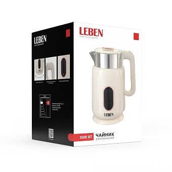leben чайник электрический 2л, 1500вт, пластик, белый