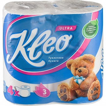 Туалетная бумага 3сл "KLEO" , 4 рул, 3 слоя, белая (х18)