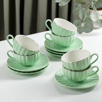 Чайный сервиз "Вивьен" 6 чашек 200 мл, 6 блюдец d-15 см, цвет зеленый 4442313
