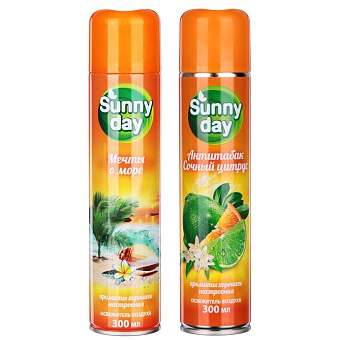 Освежитель воздуха Sunny Day, ж/б, 300мл, 2 вида: антитабак сочный цитрус/мечты о море