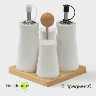 Набор фарфоровый для специй на бамбуковой подставке BellaTenero, 5 предметов: солонка, перечница, 2 