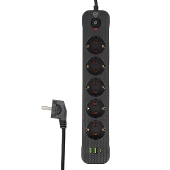 BY Удлинитель 3 м, 5 гнезд с зазем. + 2USB+ 1type C с защитой, с выкл.черн карбон сеч провода 1мм