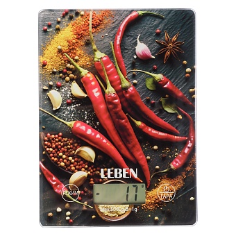 leben весы кухонные электронные, прямоуг., стекло с дизайном, макс.нагр. 5кг (точн.измер. 1гр)